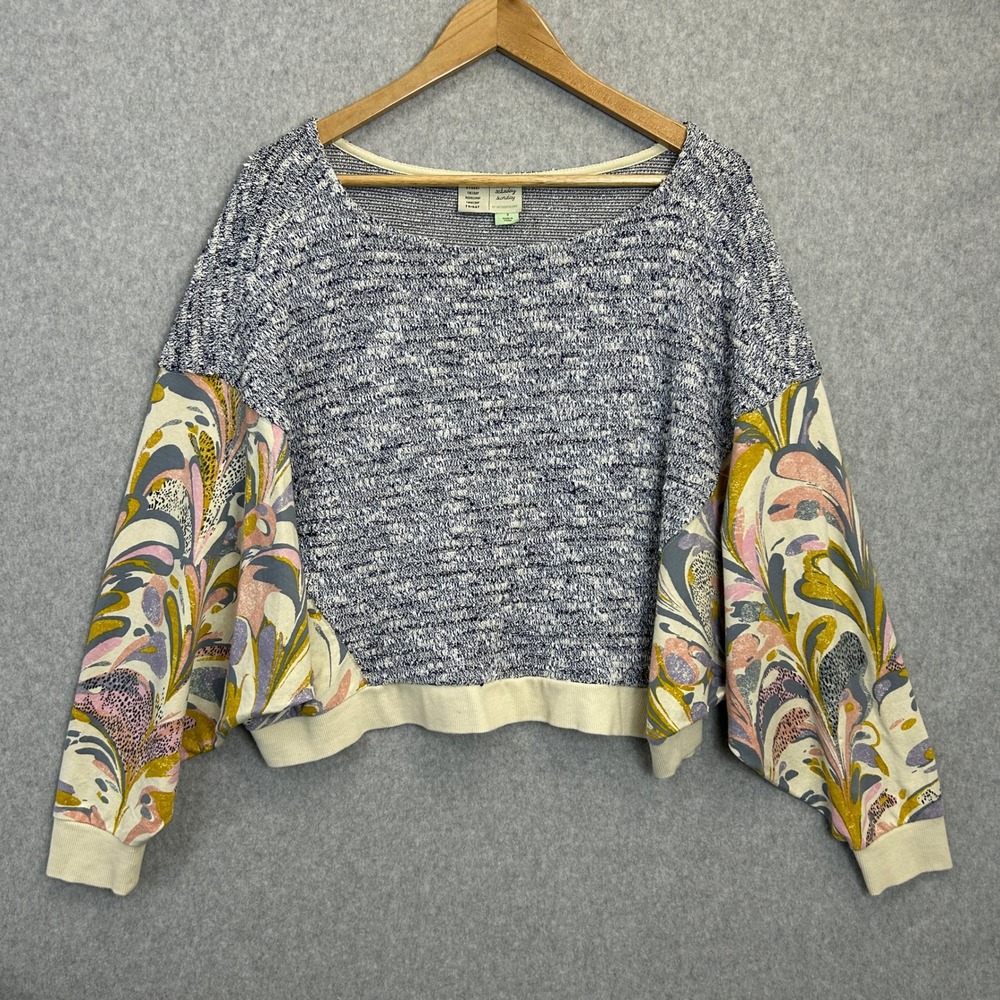 Saturday Sunday Anthropologie Size Small Sweatshirt Blue Flora Printed Batwing